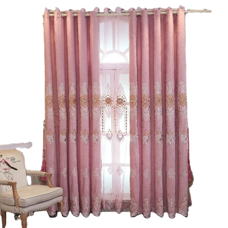 Hot Selling European Style Luxury Curtains for Living Dining Room Bedroom Blue Chenille Embroidered Curtains Valances