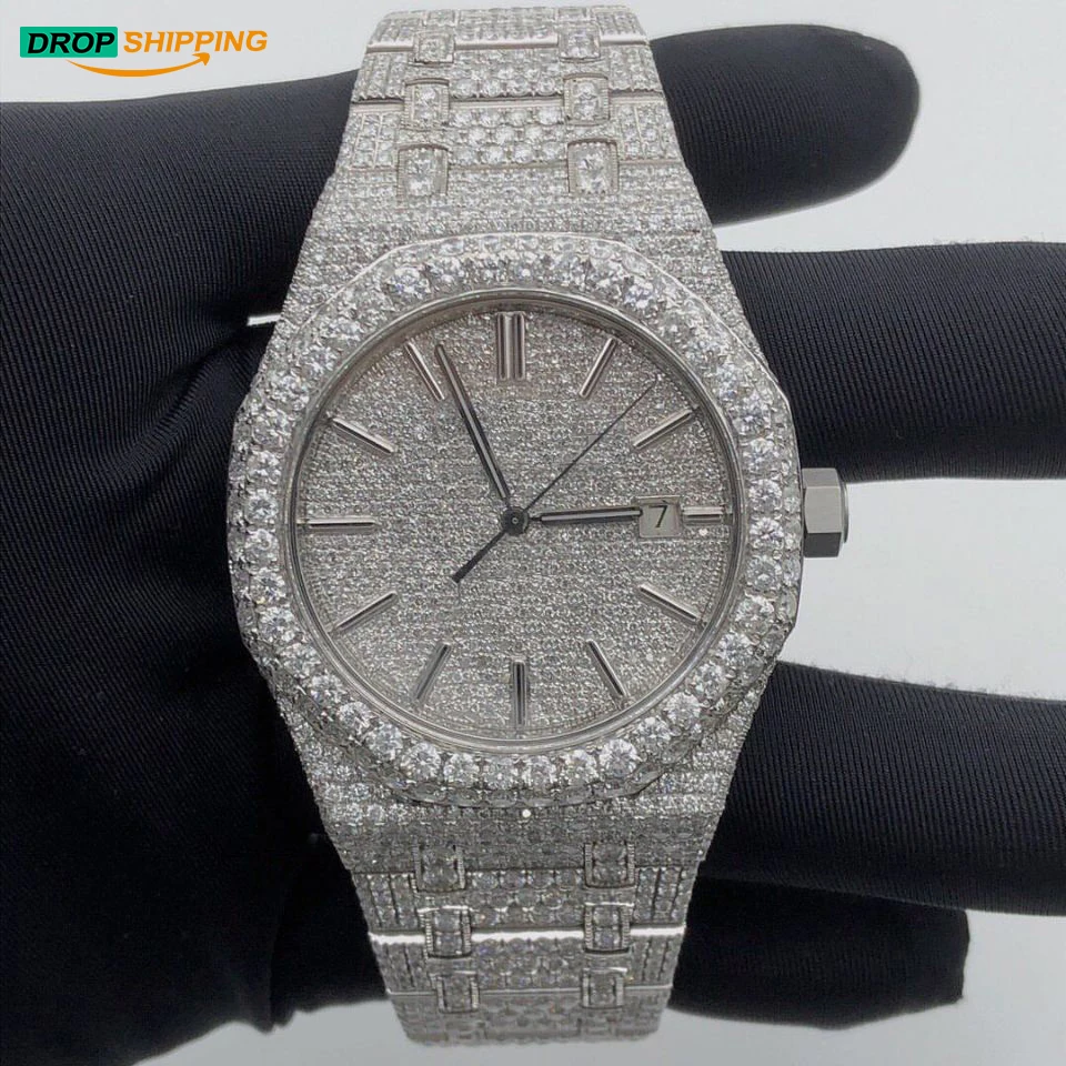 Дропшиппинг партнер набора роскошные мужские обычные 925 серебро выращенные лабораторно VVS синтетический бриллиант Чехол-повязка на автоматические часы