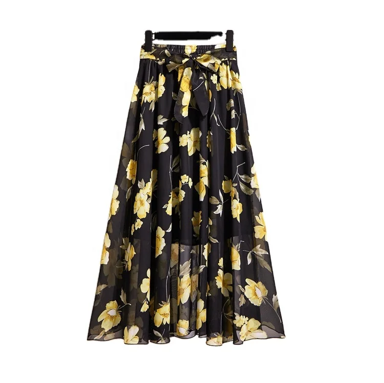 hot sale women maxi skirt casual a - line long pattern high - waist chiffon floral skirt