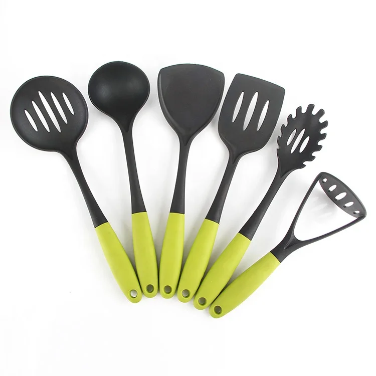 6pcs nylon kitchen utensils tools set with soft grip TPR handle slotted turner ladle strainer spoon spatula pasta masher