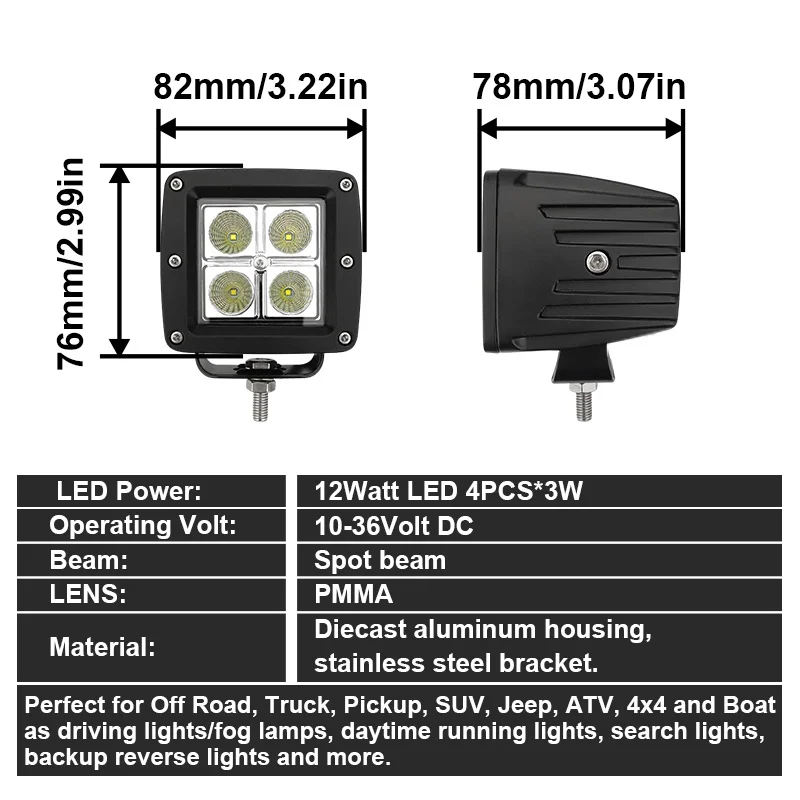 3' Inch 12W Cube Spot Flood Beam Led Pods White Yellow Led Auxiliary Fog Light for Offroad 4x4 Bull Bar Mini Led Driving Lights