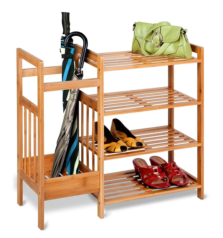 Entryway Over Door Standing 4-Tier Storage Waterproof Bamboo Wooden Shoe Rack Organizer With Umbrella Holder