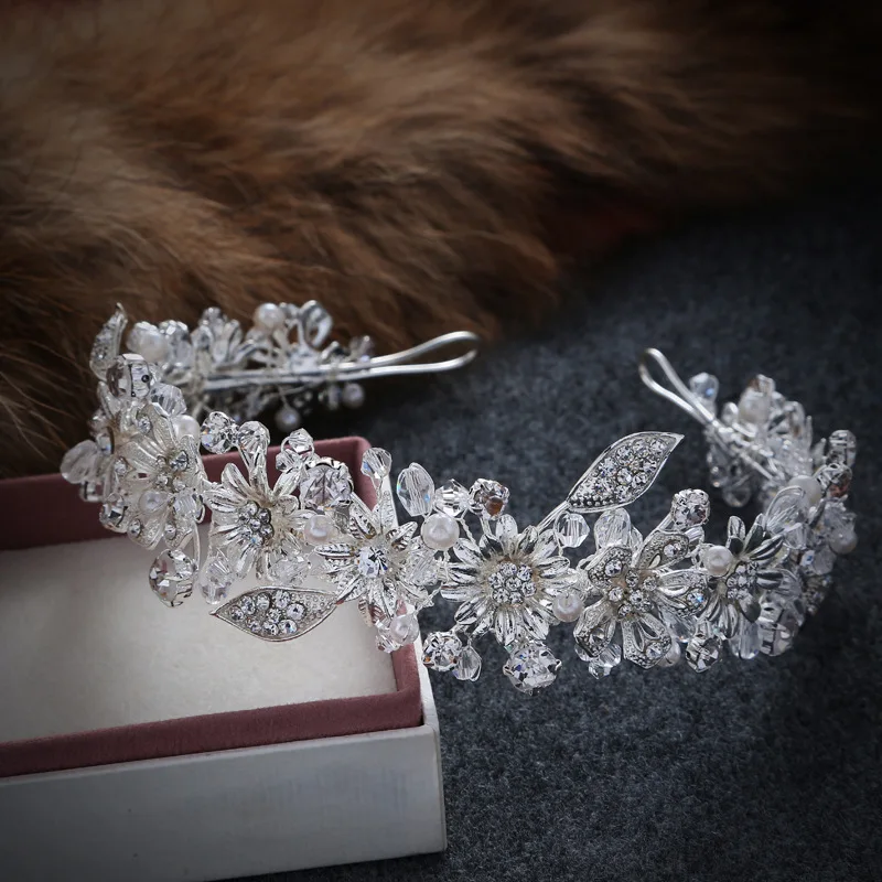 Handmade Sparkling Crystal Rhinestone Wedding Flower Tiara Coroa Headband Bridal Women Hair Accessories