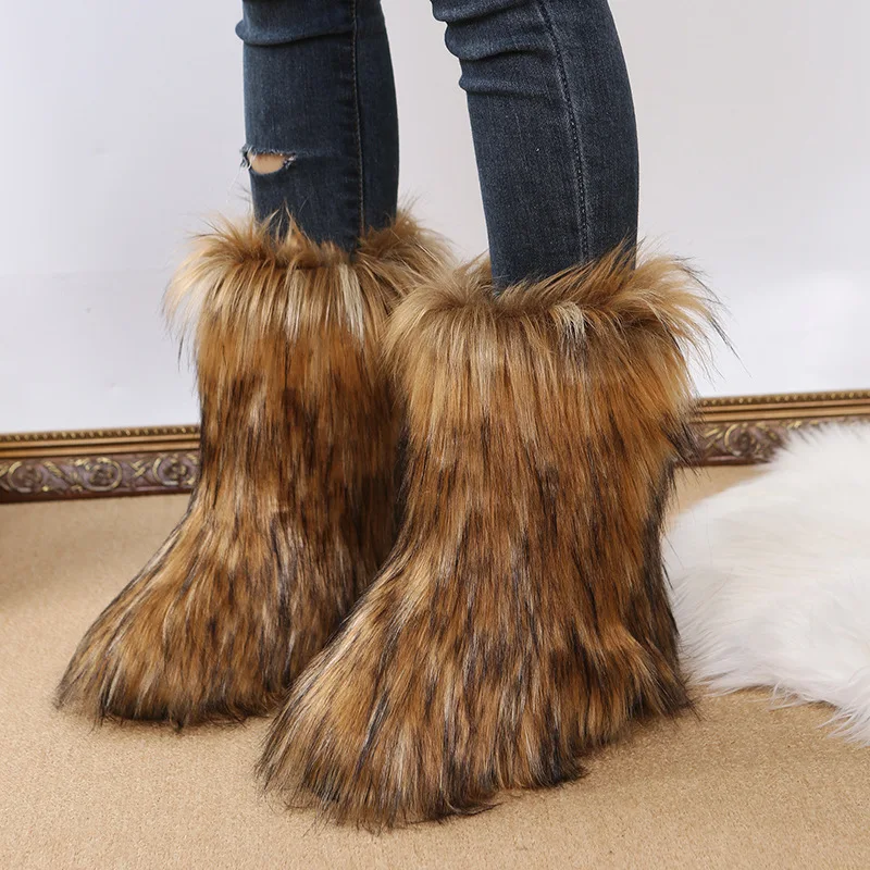 Hot selling fashion hairy ladies flat ankle boots shoes winter warm plush fur snow boots for women