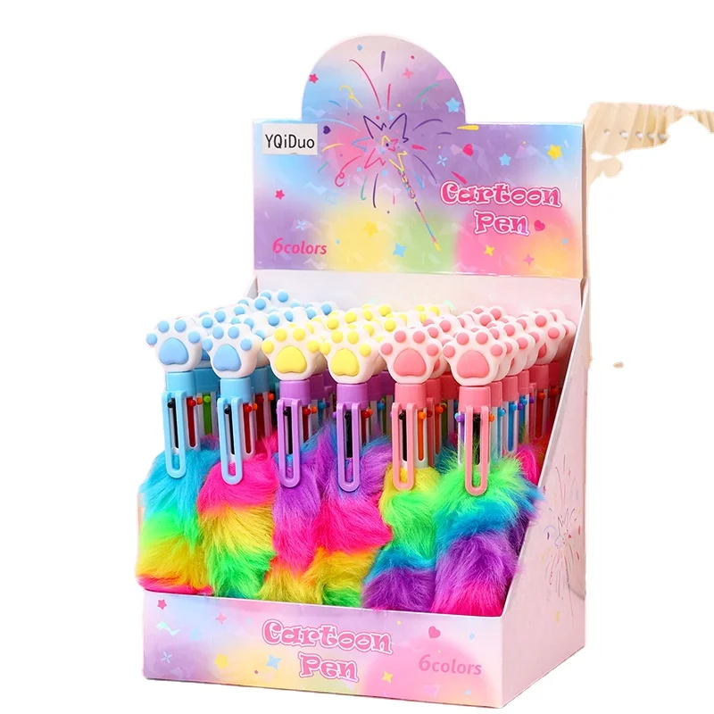 Soft glue cat claw fluff six-color ballpoint pen cartoon high-value handbook pen girls gift pen creative stationery 0.7