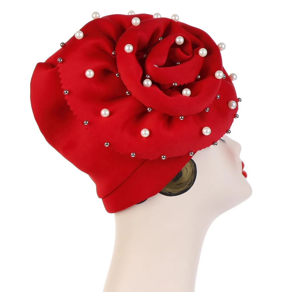 Flower Nails Pearl Muslim Headgear Hijab Hat Pure Colour Flower Cap turban