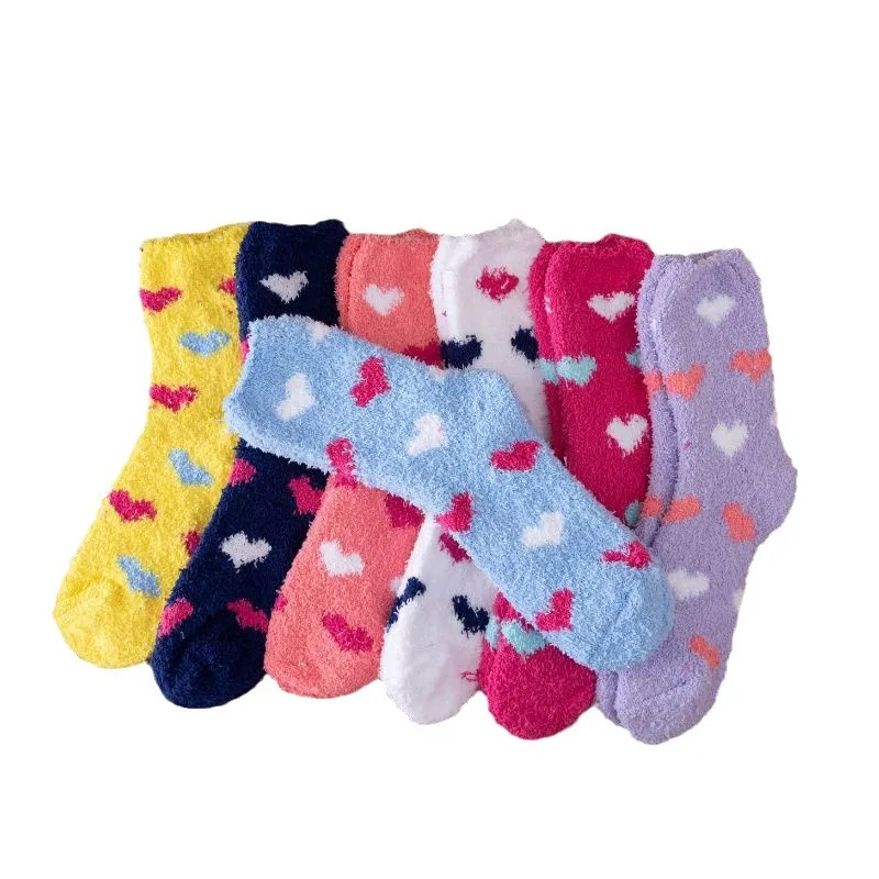Indoor Plush Slipper Socks Women Colorful Warm Fuzzy Heart Design Coral Fleece Microfiber Socks For Winter