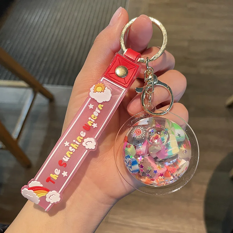 Good price liquid key chain colorful floating oil keychain charms in stock
