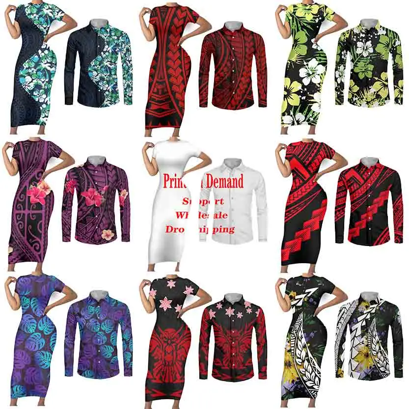 Tropical Palm Print Long Bandage Dress Straight Fit Casual Women Short Sleeve Tight Summer Dresses Polynesian Couple Clothes Set