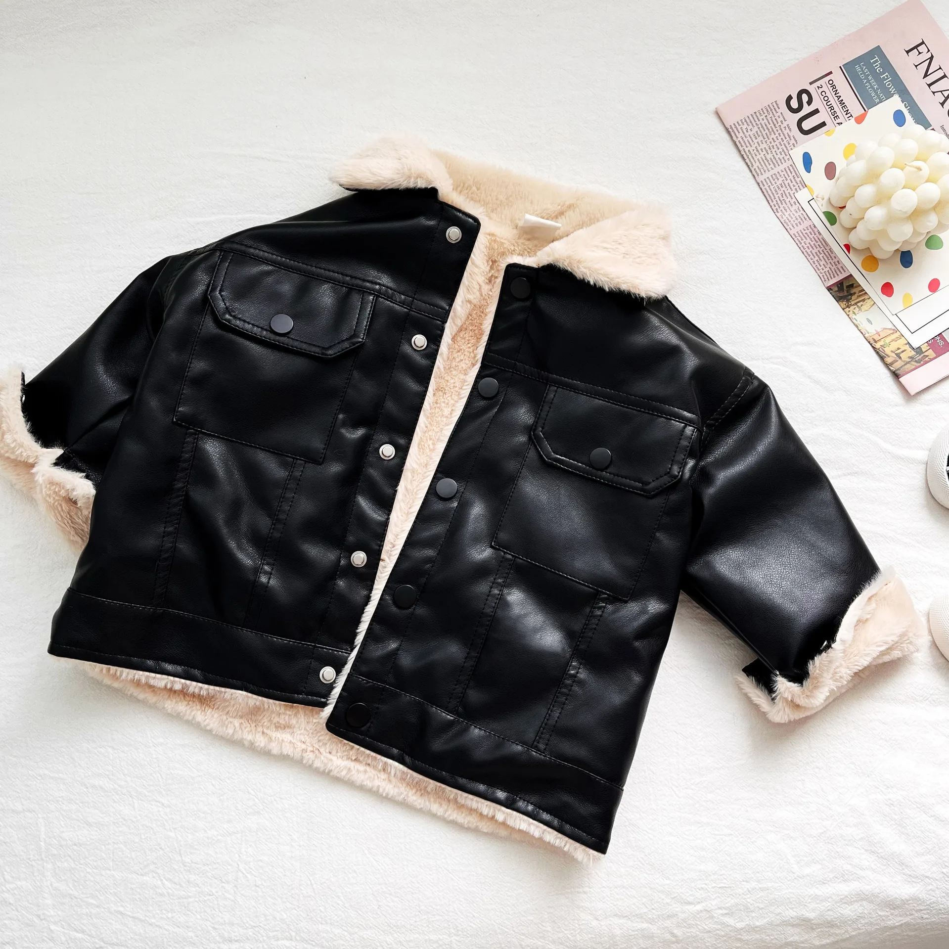 Baby Black&Brown Leather Winter Jackets Warm Faux Fur Thick 1-7 Years Boys Coats&Outwears