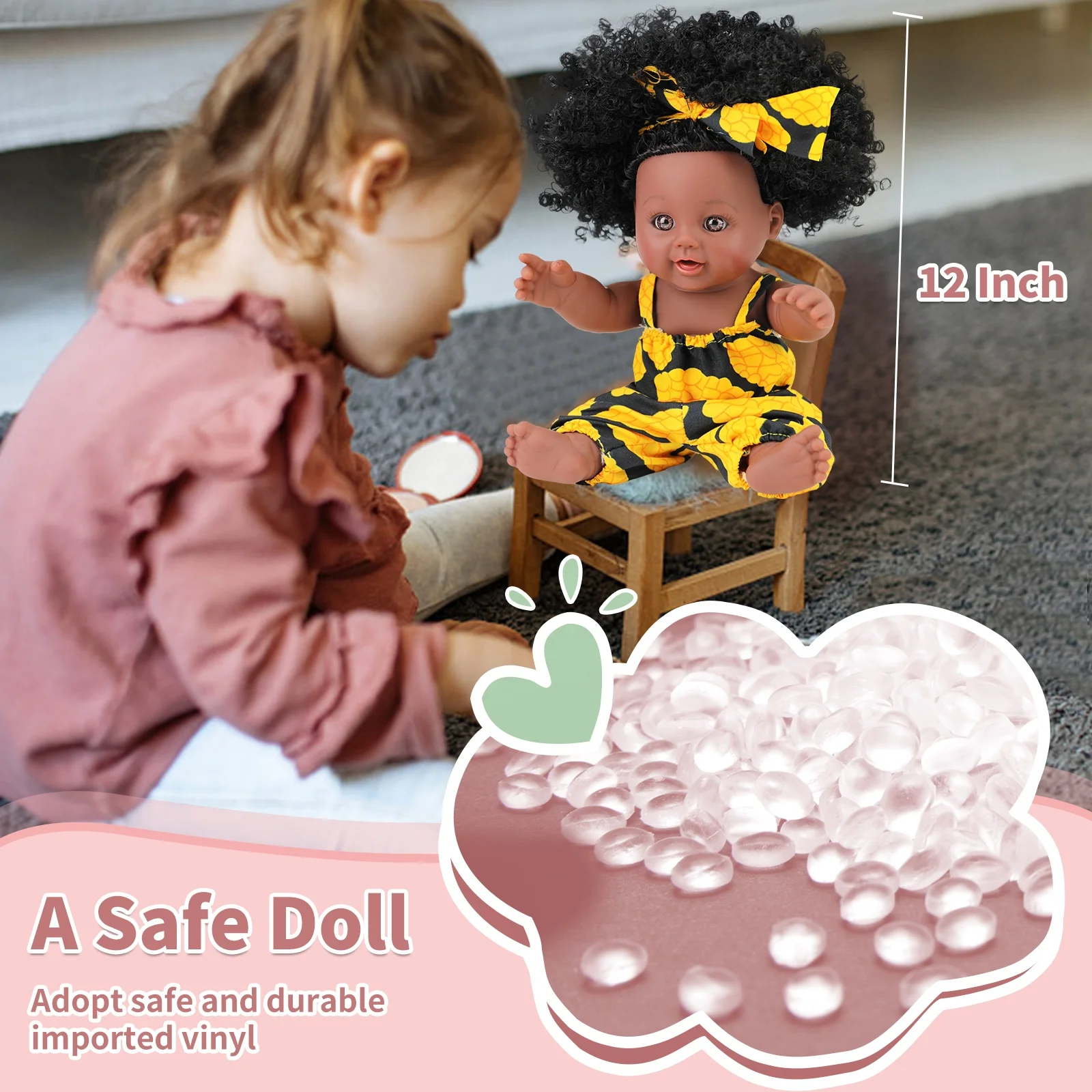 Hot sale 12 inch Black Dolls Baby 30 Cm Tall Real Life Look Vinyl Girl Doll Black Skin Dolls With Afro Hair kinky curly hair