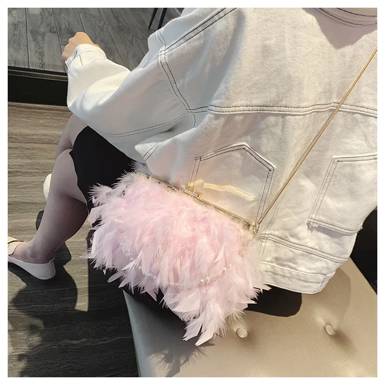 Feather hair handbag pearls chain girls fashion tote bag metal chain shoulder bag