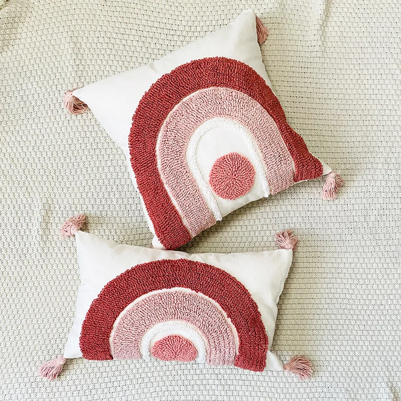 Bohemian style small fresh circle velvet rainbow geometric clustering embroidery pillowcase