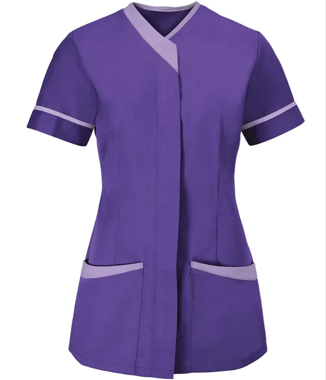60 % Polyester 40% Cotton cleaner Contrast Trim Cleaning Tunic hotel staff working short sleeve scrubs