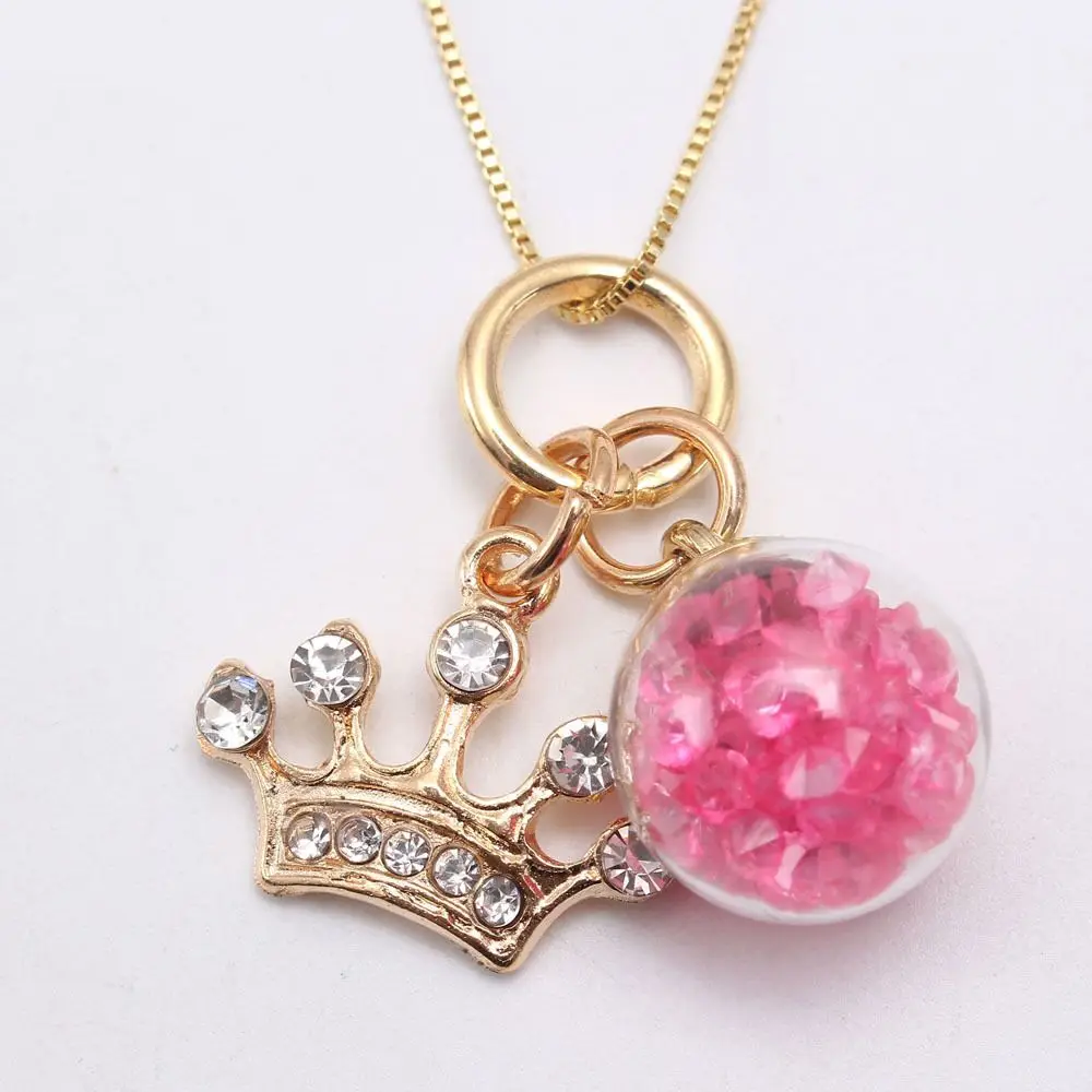 Enamel Box Chain Children Necklace Gold Crown With Rhinestone Pink Key Rosette Bow Pendant Chain Necklace
