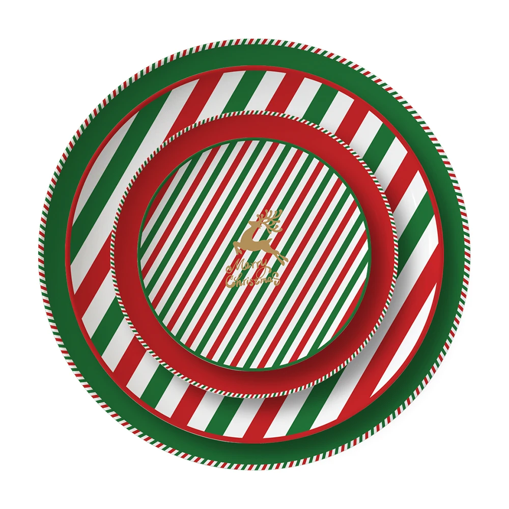 Christmas Decor Supplies Reindeer Print Green And Red Ceramic Bone China Dinner Steak Soup Salad Charger Plate Sets