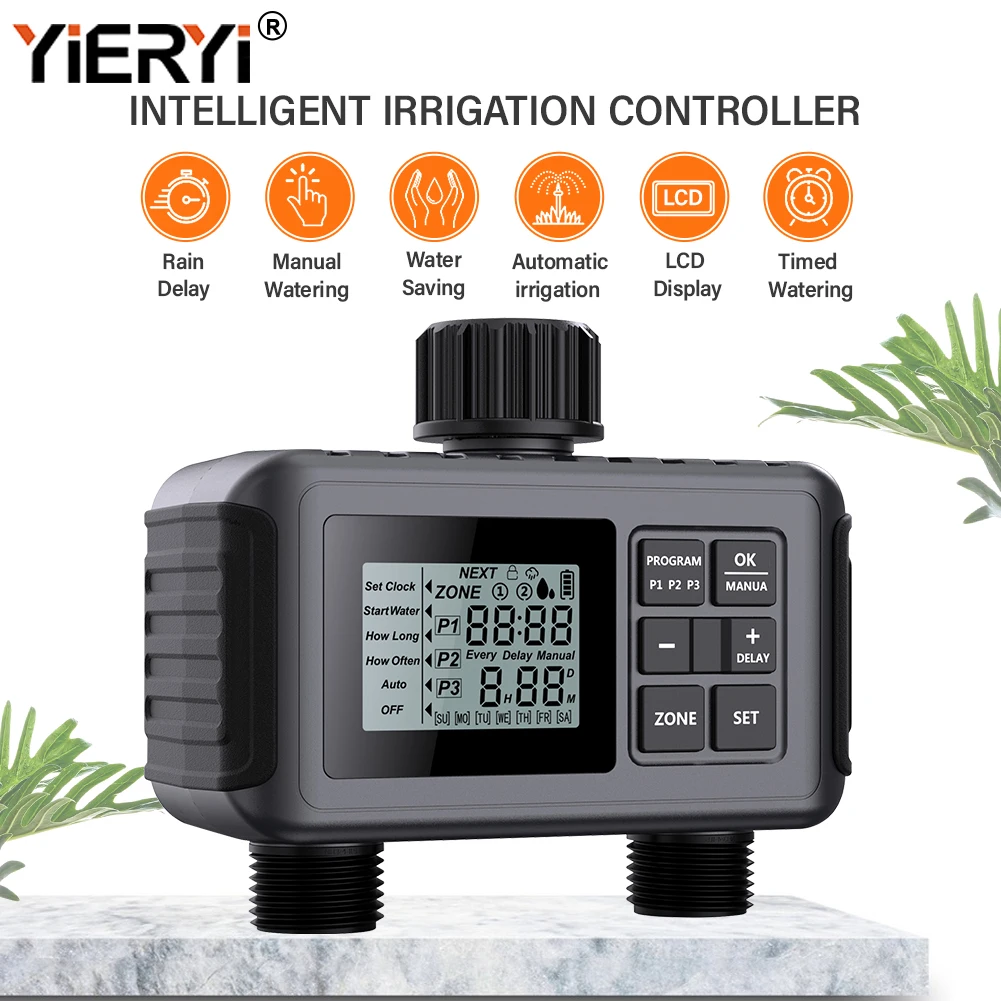 2 Outlet Sprinkler Timer Programmable Water Timer with Rain Delay/Manual/Automatic Irrigation System for Lawns, Yard and Pool