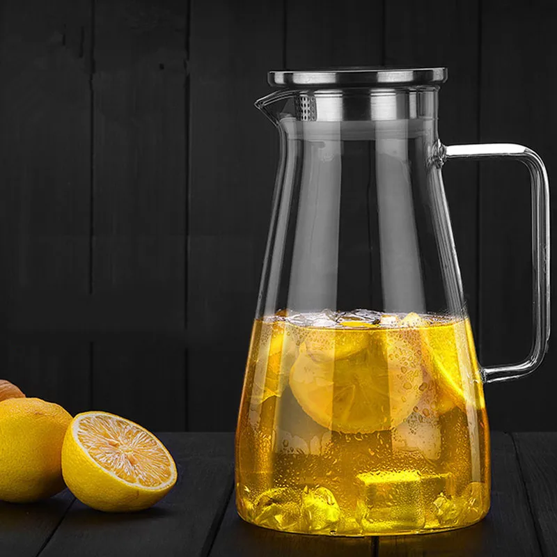 1.8l Glass Water Jug With Side Handle And Spout With Bamboo Lid For Milk,Coffee,Tea In Summer