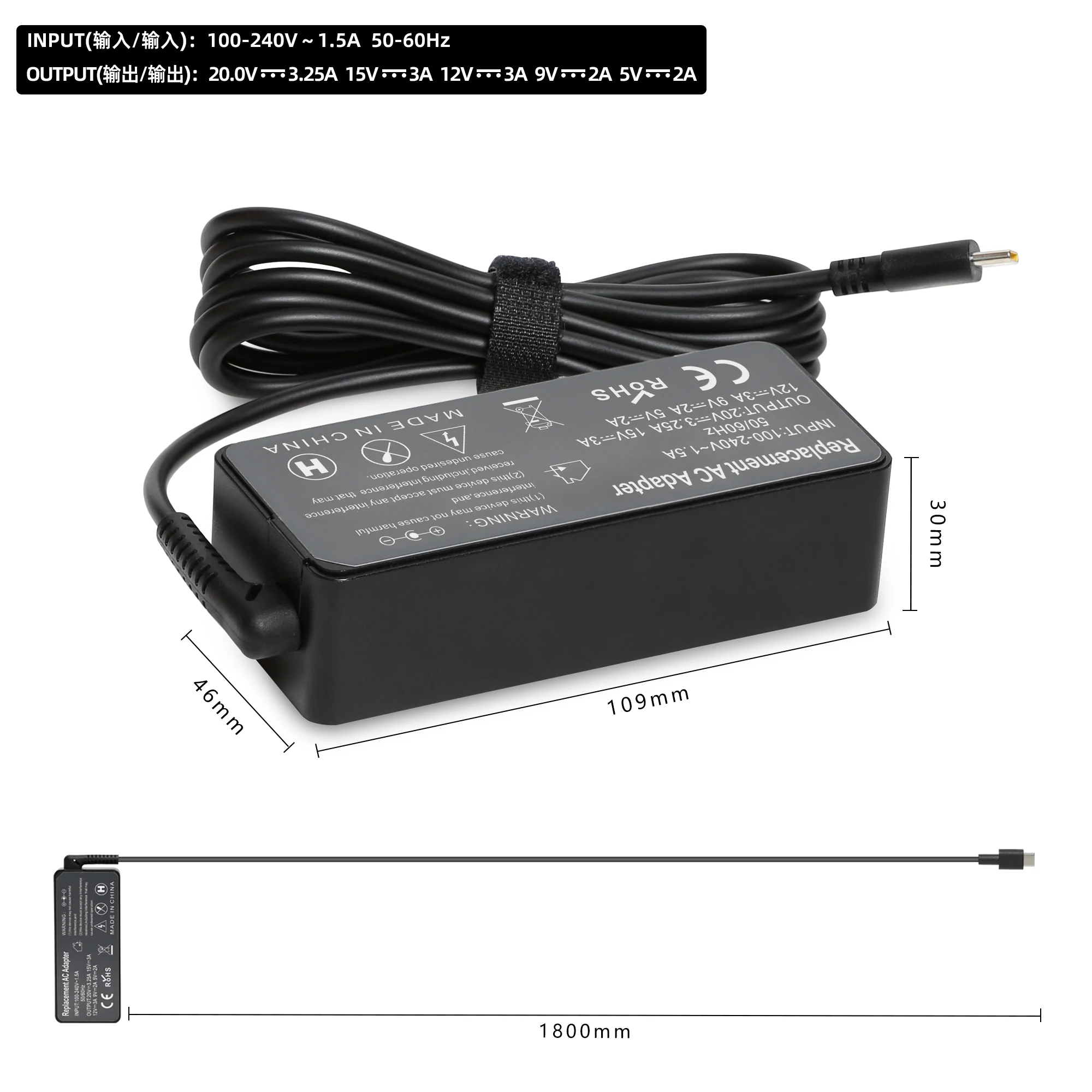 Laptop Charger Manufacturer Replacement 65 W 20V 3.25A USB Type-C Laptop AC Adapter FOR ThinkPad ADLX65YDC2A