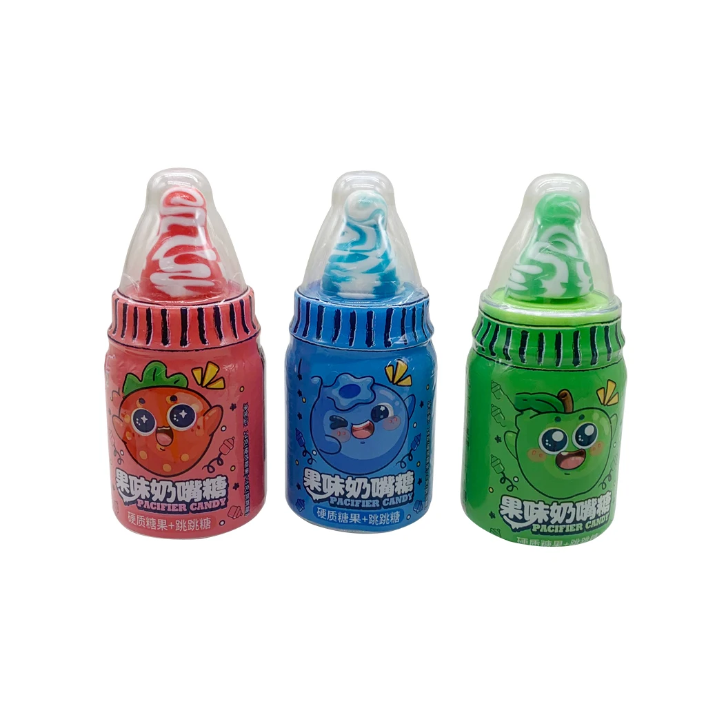 Wholesale oem plastic milk bottle shape nipple hard candy with popping candy