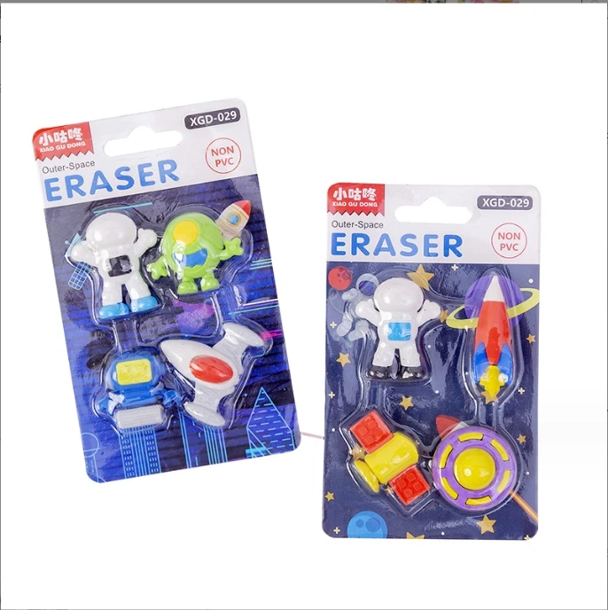 Factory Wholesale Cartpon Various Type Space Astronaut Alien Flying Saucer Creative Card Mounted Eraser Set