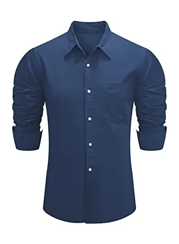Mens Shirts Long Sleeve Linen Cotton Casual Button Down Dress Shirts with Front Pocket