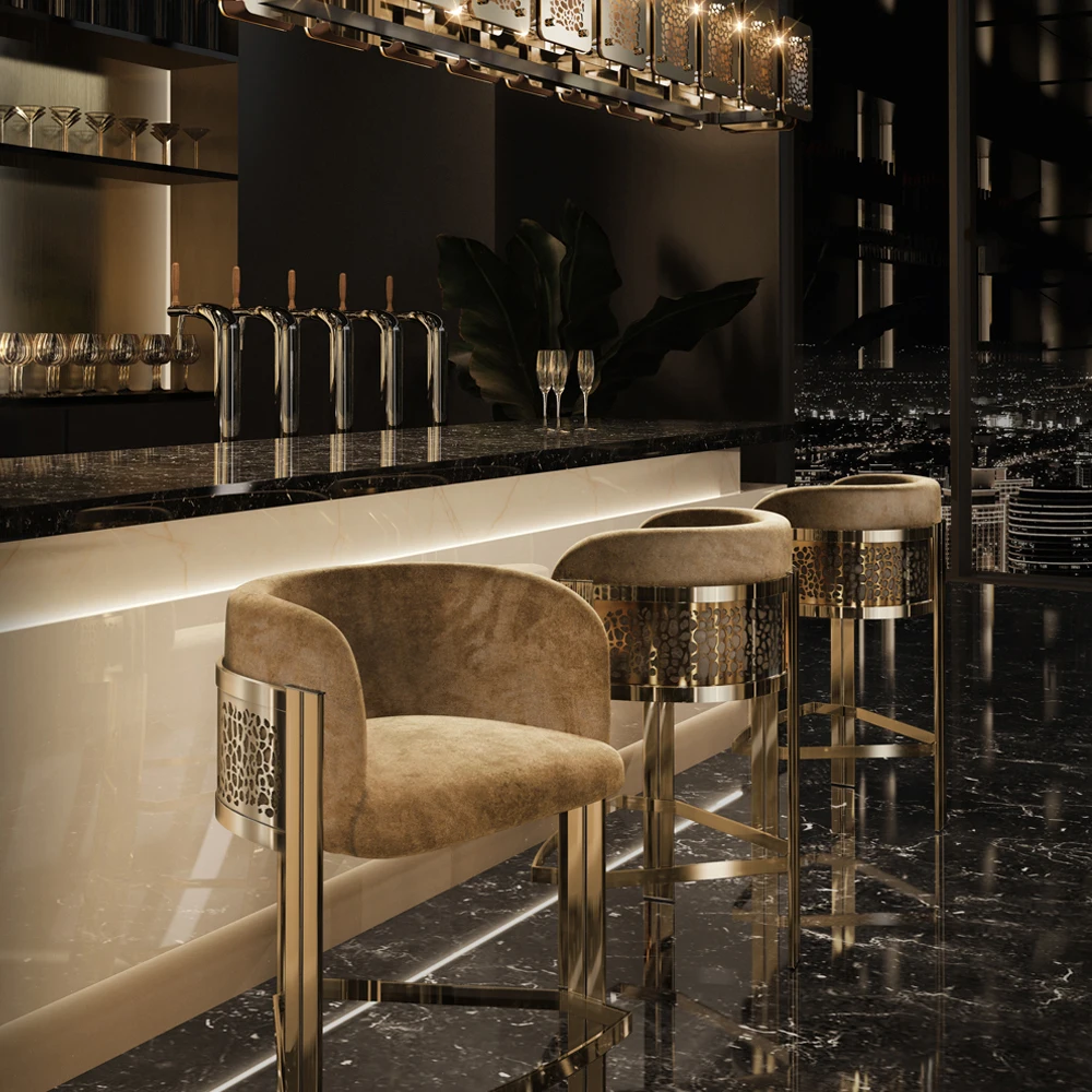 2023 Luxury Gold Stainless Steel Bar Chair Velvet High Counter Chair Bar Stool For Home Hotel Pub Wedding