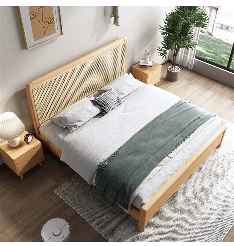 Nordic Solid Wood Rattan Simple French Japanese Style Bed Bed Room Furniture Hotel 1.8m Double Bed