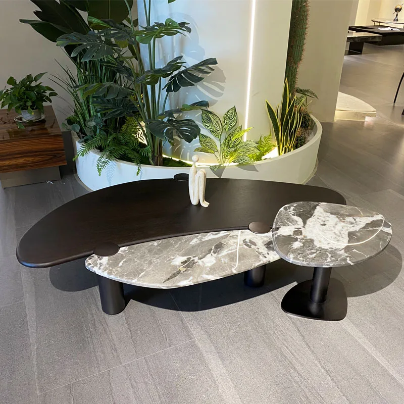 Contemporary Living Room Wood Center Tables with Metal Base Simple Irregular Shape Marble Top Side Coffee Table Set