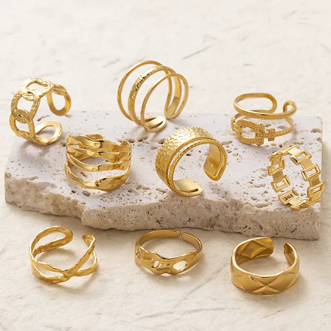 Wholesale Ins Hollow 18K Yellow Gold Plated Open Band Ring Non Tarnish Stainless Steel Golden Cuban Ring For Women Men