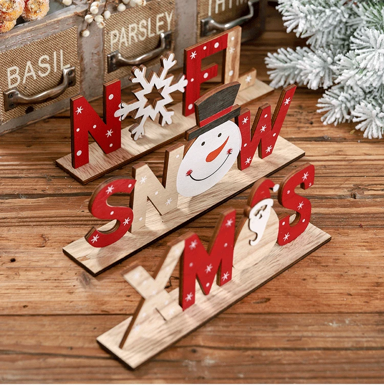 2023 New Christmas Festive Decoration Feliz Navidad Decoracion Wooden Letter Decoration Tabletop Creative Printing Decoration