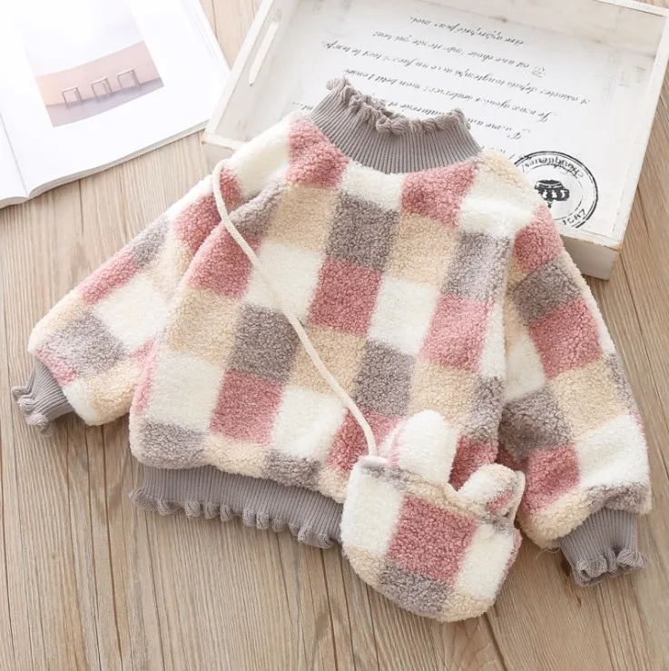 
Girls O-neck knitted sweater pullover children block batwing sleeve sweater+bag 