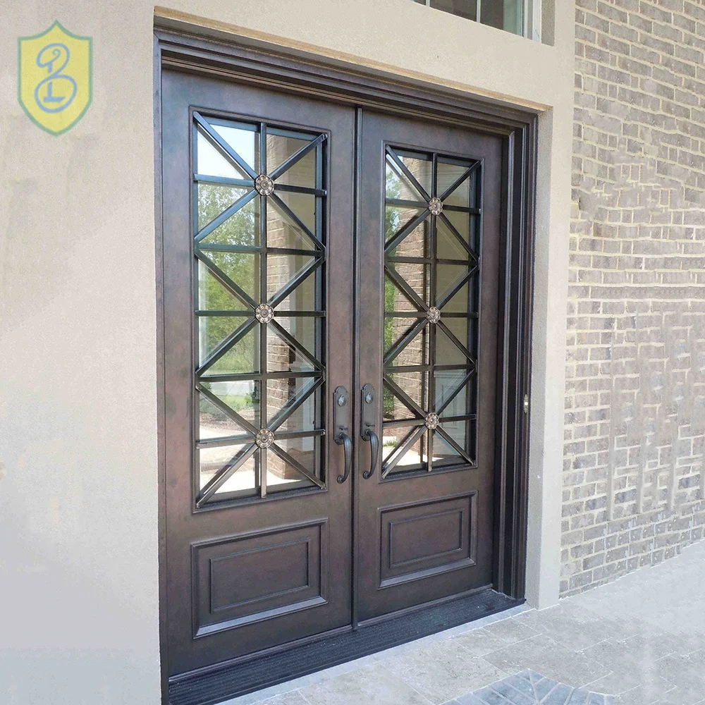 Double wrought iron door and windows design home pivot outdoor solid iron single wrought iron entry door design picture