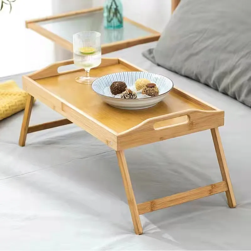 Custom Modern Floating Bamboo Wood Bed Breakfast Food Serving Tray With Folding Legs