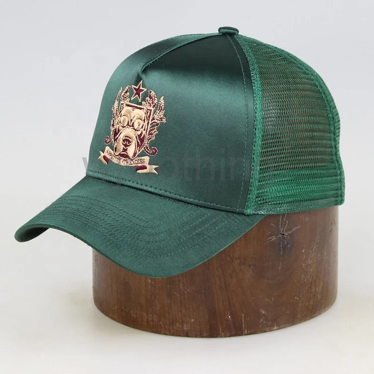 Оптовая продажа сетчатая шляпа-тракер с вышивкой на заказ темно-зеленая атласная шляпа
