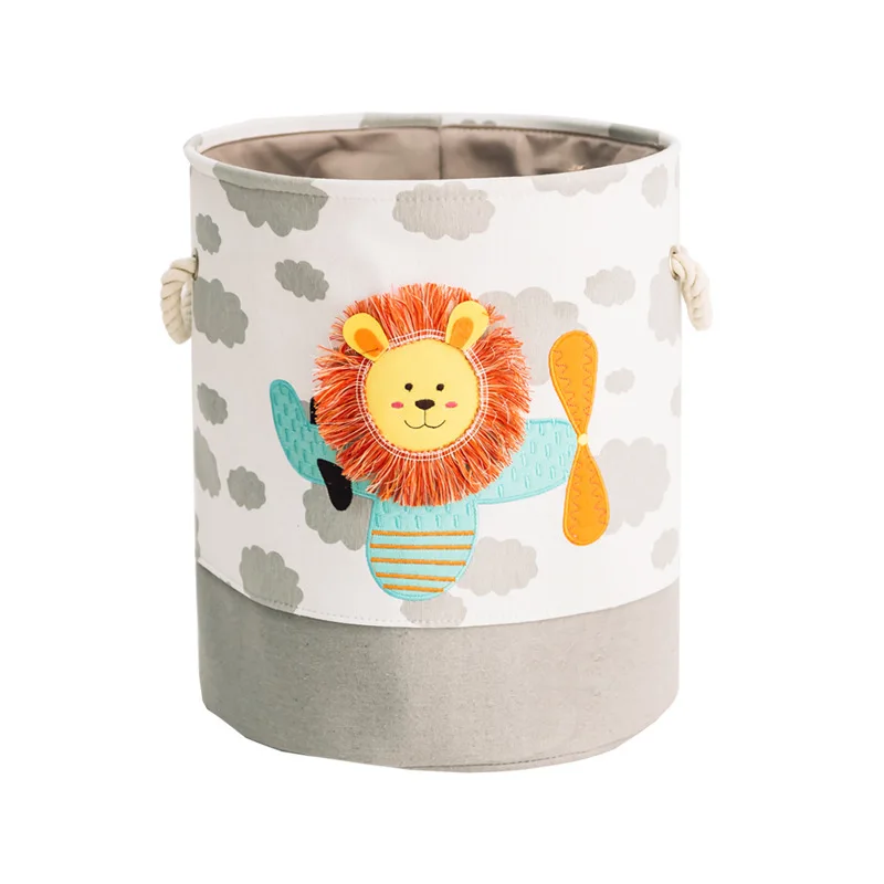 Round Kids Laundry Basket Cute Animal Pattern Toy Storage Canvas Hamper Cloth Toy Storage Basket For Kids