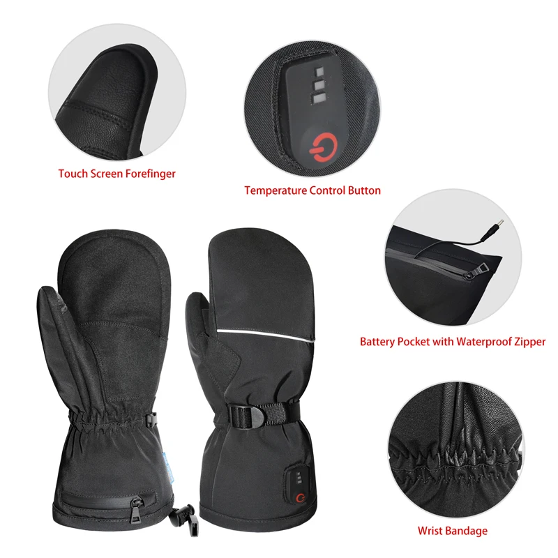 7.4V Electric Rechargeable Battery Powered Ski Full Finger Gloves Heated Mitten for Snowboarding