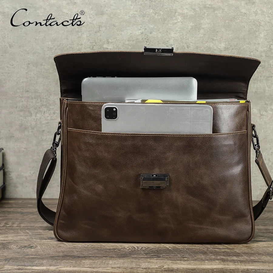 Combination Lock Lawyer Handbag Vegetable Tanned Italian Leather Briefcase for Laptop 16 inch