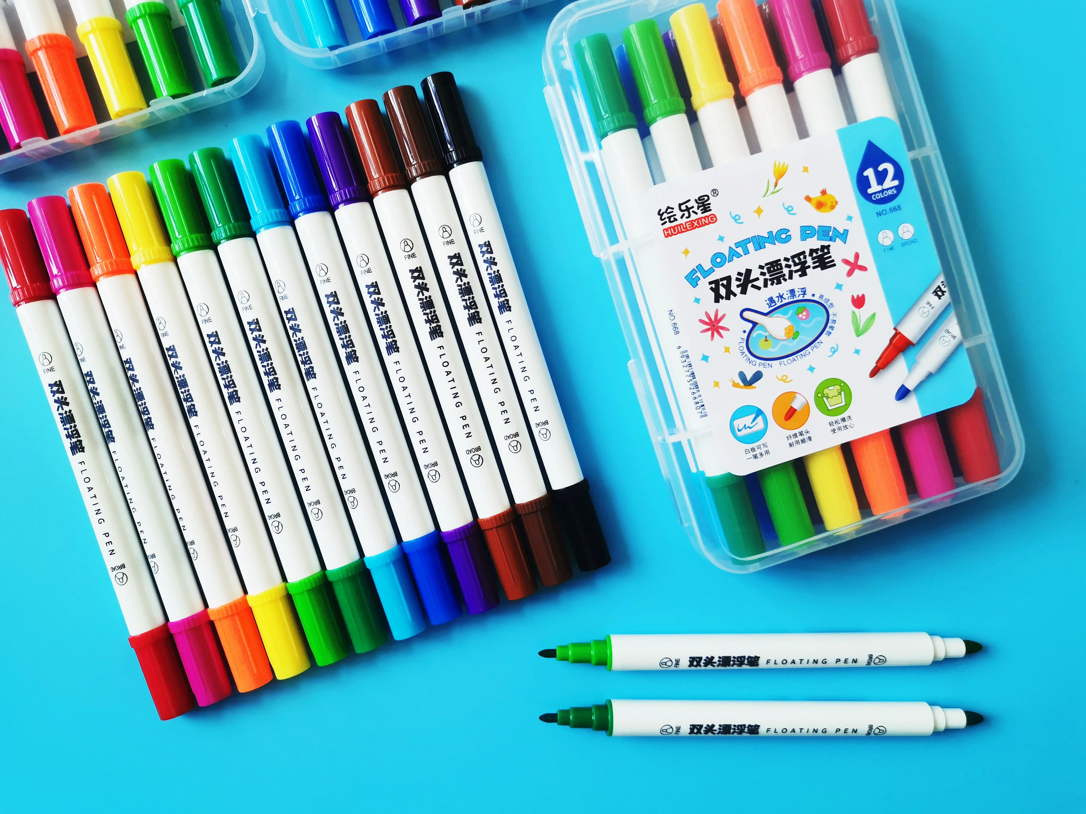 Magic 12 Colors Floating Pen Washable and Non-Toxic Dual Tip Whiteboard Marker Pen for Playing and Drawing in the Water