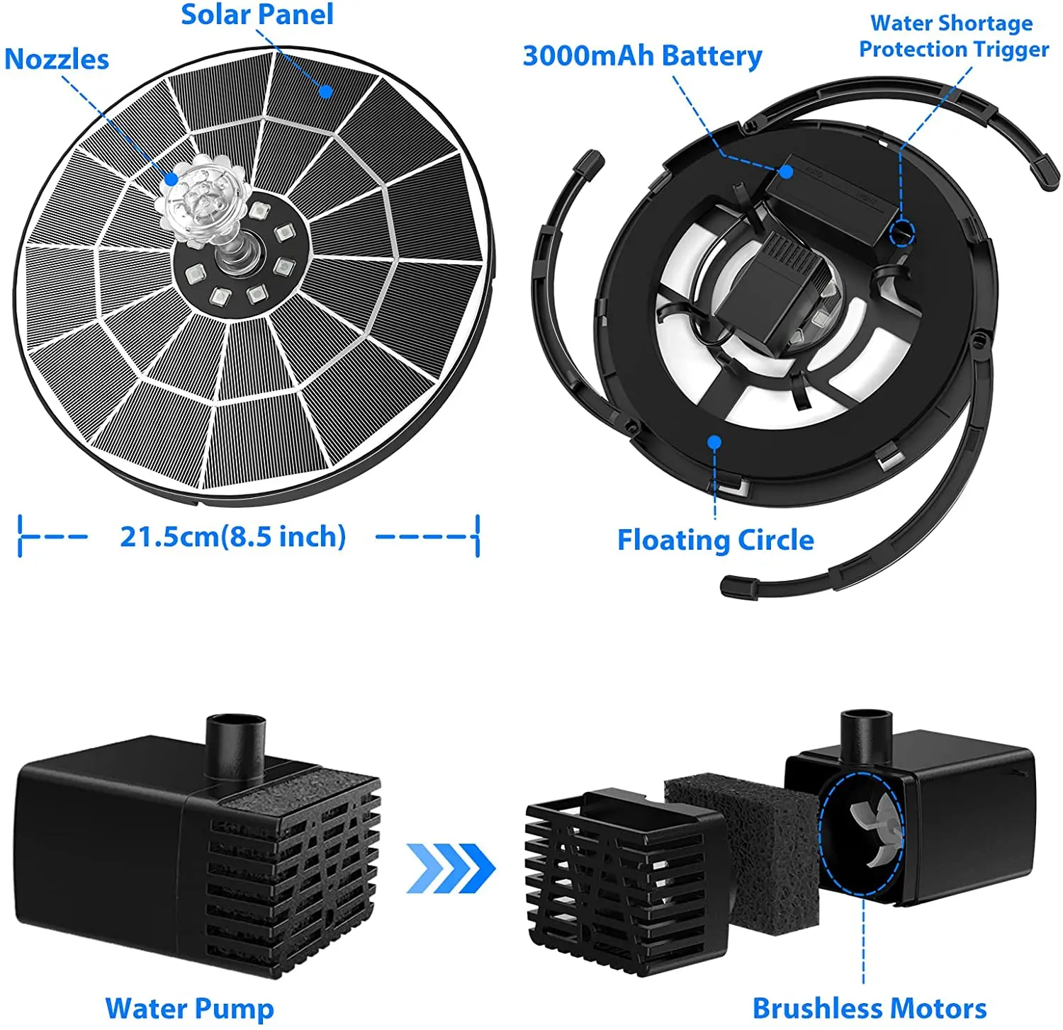 AISITIN 5.5W LED Solar Fountain Pump with Lights for Garden, DIY 100% Glass Solar Panel Powered Water Fountain with 16 Nozzle
