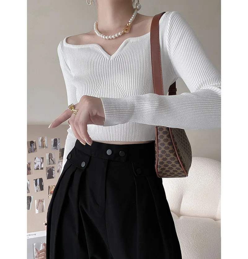 Fashionable Wide Collar Women Lady Tops Knitted Black Basic Sweaters Knitwear for Women