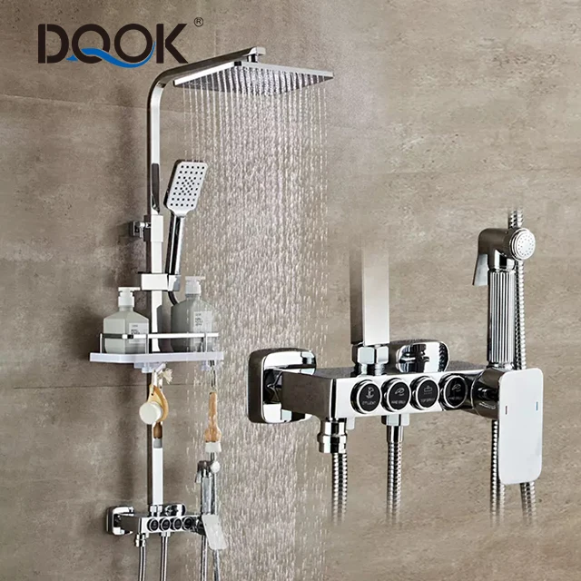 DQOK Chrome Shower Set Wall Mounted Round Buttons Switch Stainless Steel Bathroom Rain Rainfall Shower Mixer Faucet Set