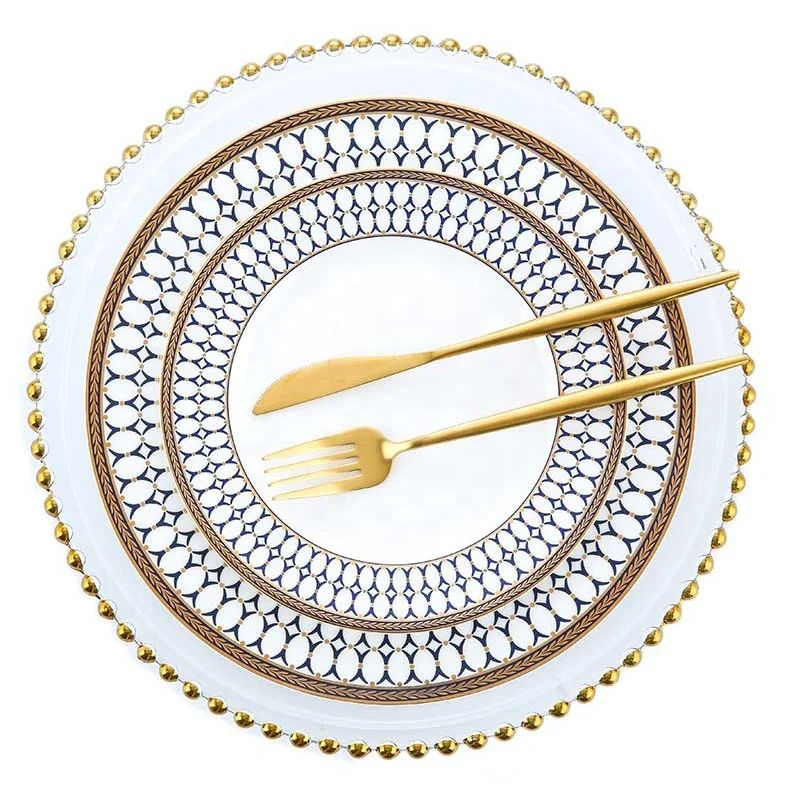 Wholesale Glass Dinner Set Elegant White And Gold Dinnerware Round Plate Dinnerware Sets Plates For Restaurants Food Plate