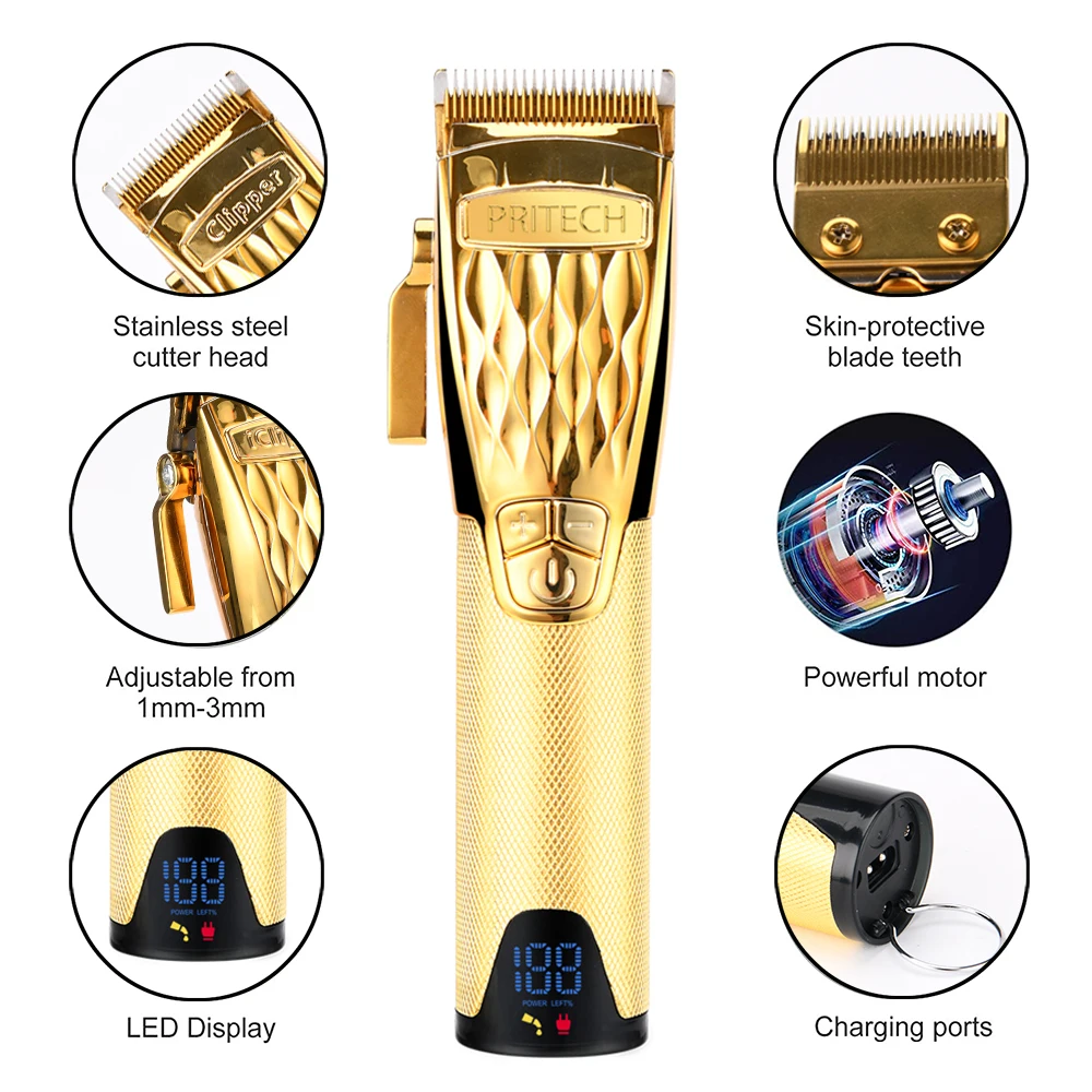 Электрическая машинка для стрижки волос Pritech с лезвиями из нержавеющей стали для мужчин, беспроводная профессиональная перезаряжаемая