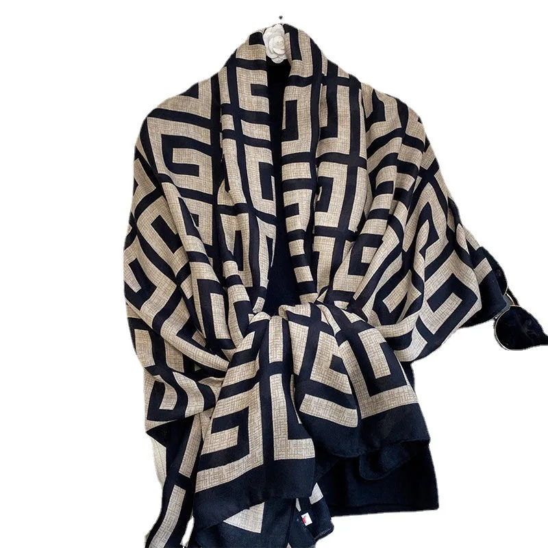 Hot sale high-quality designer autumn winter black and white letters pattern cotton and linen shawl scarf for women and girls