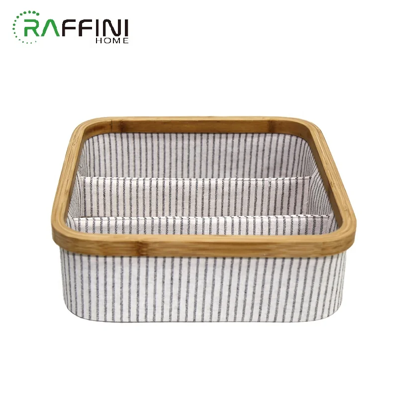 
Fabric Cotton Organizer Desk Bamboo Frame Eco Certificated Manufacturer Customized Box Home Office Three Grids Storage Boxes 