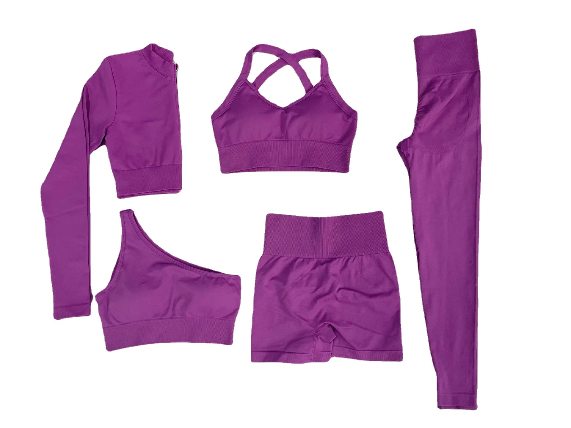 2022 New Women High Elastic 5 Piece Seamless Gym Sports Short Yoga Wear Workout Clothing Set Fitness Activewear