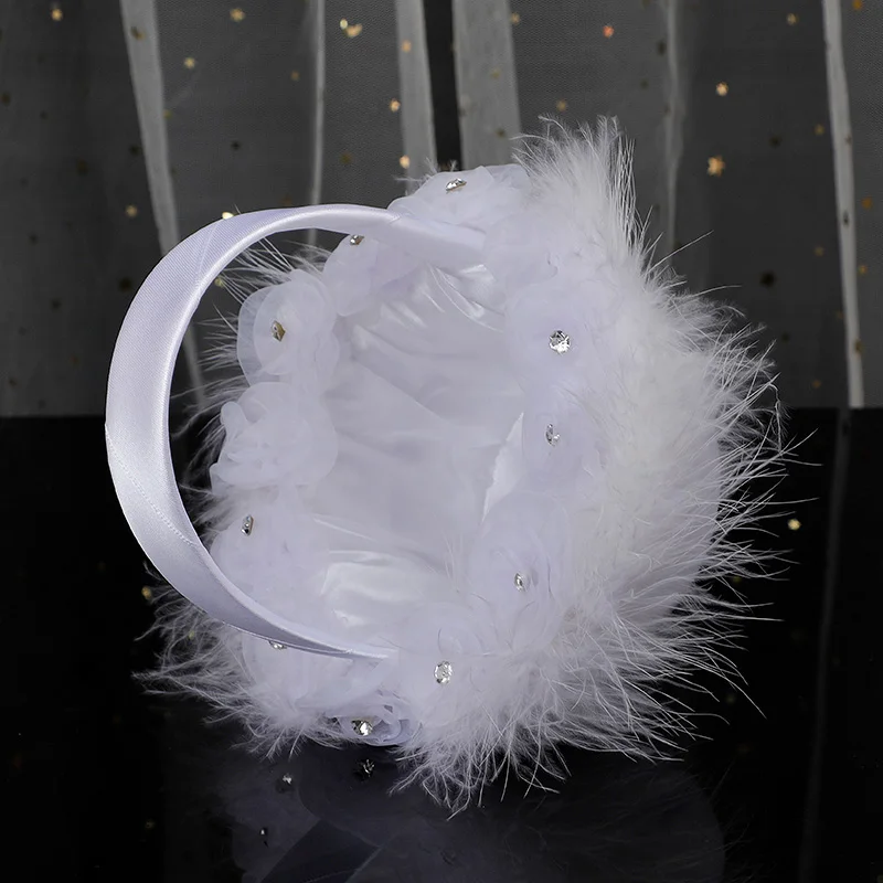 bridal baskets wedding party favors gifts souvenirs female girls women bride white lace weave rose flower feather wedding basket