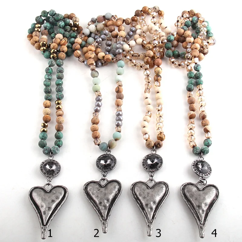 Women 8mm Long Knotted Round Crystal Natural Stone African Turquoise Necklace Big Metal heart Pendant Necklace