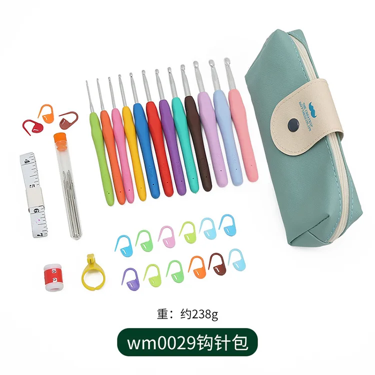 Colorful Rubber Handle Knitting Needles Kit With Sewing Clips Plastic Needles stainless steel Scissors Crochet Hooks Set